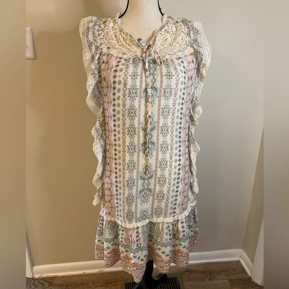 Hiche Boho Southwestern Lace Trim Midi Sheath Dress SZ small - Picture 2 of 10